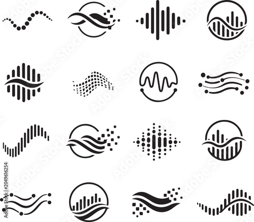 Data Wave Symbol Logo Vector Set Digital Flow, Technology and Network Communication Icons