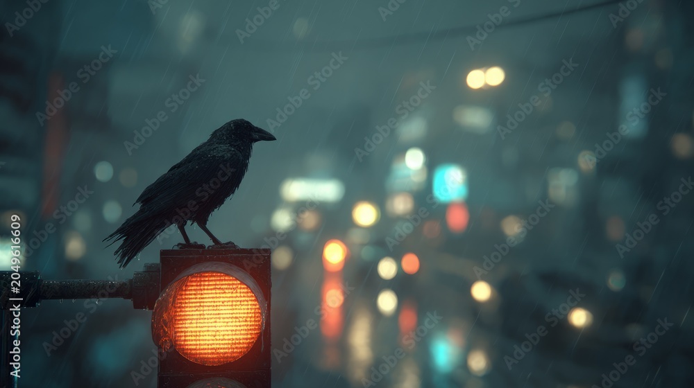 Obraz premium Raven Perched on Traffic Light in Rainy Cityscape