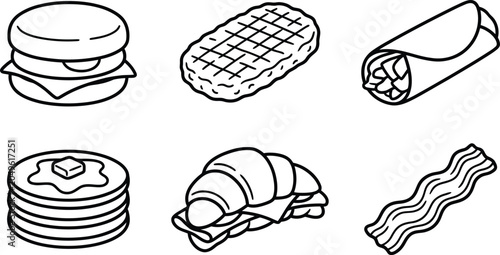 Foto Diverse set of breakfast and brunch food icons featuring pancakes bacon and sand