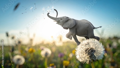 An improbable elephant gracefully balancing on a single delicate dandelion flower in a sunlit meadow