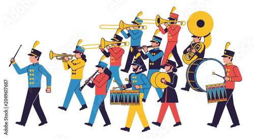Fotografía Marching Band Musicians Group Playing Musical Instruments