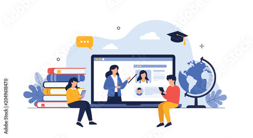 Online education concept shows students learning from a teacher on a laptop screen with books and a globe to represent remote studying.