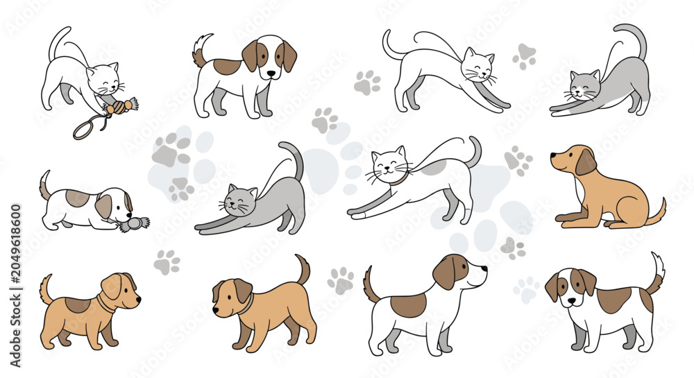 Obraz premium Large collection of cute cartoon cats and dogs in various poses like playing, stretching, and sitting are shown with paw prints.