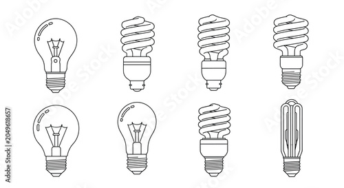 Collection of various light bulb types including traditional incandescent and modern energy saving spiral lamps in line art style.