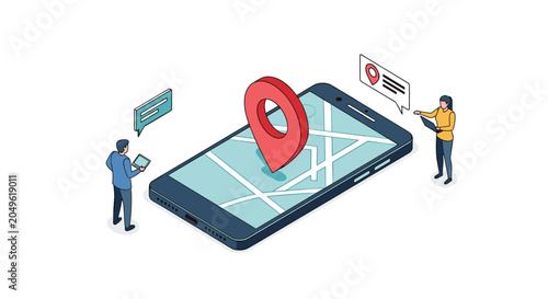 Mobile navigation application concept features a large smartphone with a map and location pin surrounded by people using technology.