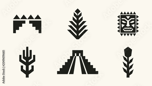 Foto Collection of black geometric tribal symbols including pyramid mask and stylized