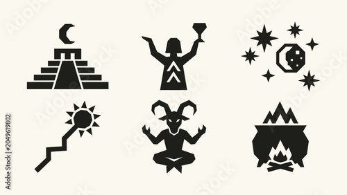 Foto Set of black esoteric symbols including horned deity pyramid shaman and ritual c