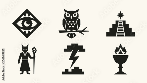 Schilderij op canvas Black minimalist mystical icon set featuring owl eye pyramid shaman lightning bo