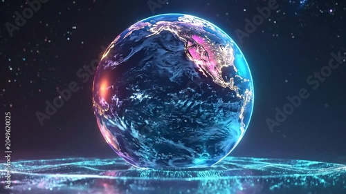 A glowing digital representation of the planet Earth in outer space