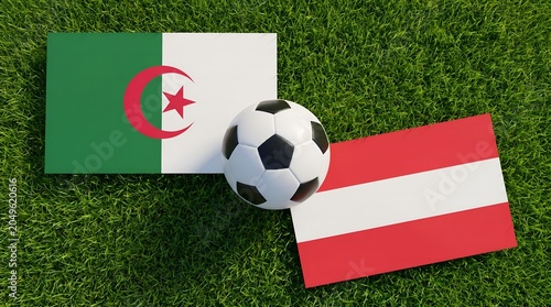 Algeria vs Austria, Football Match Concept with Soccer Ball and National Flags on Green Grass Pitch, Group J, 23 June 2026