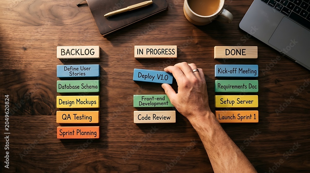 Naklejka premium Kanban board agile project management concept with hand moving deploy block under in progress column for software development lifecycle