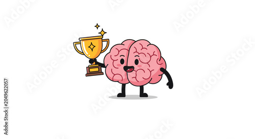 Happy cartoon brain character holding up a gold trophy to celebrate intelligence achievement and successful learning.