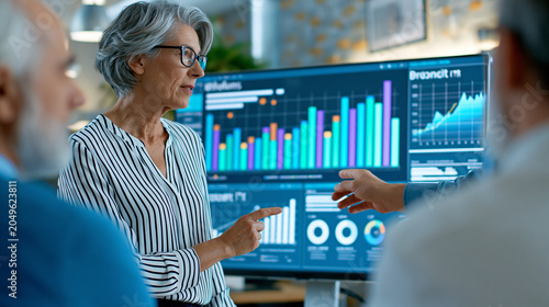 Anonymous finance team reviewing a consolidated business performance report with multiple KPI charts on a conference room screen, strategic planning concept, faceless, defocused,