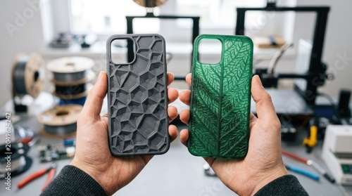 Hands hold two phone cases made from different materials in a busy workspace for 3D printing near tools and technology