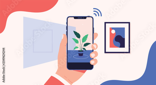 Person using an augmented reality app on a smartphone to visualize how a new plant would look in a living room.