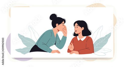 Young woman sharing a secret or piece of gossip by whispering into the ear of a surprised friend in a flat design.