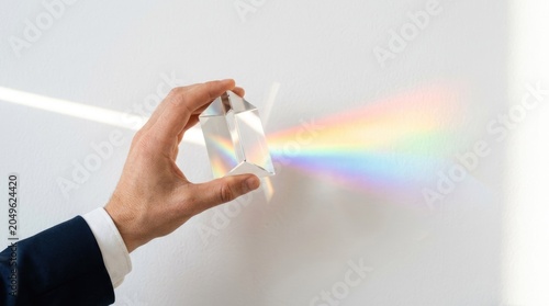 Light passing through a prism creates a rainbow on the wall at a science demonstration in a classroom setting during daylight hours