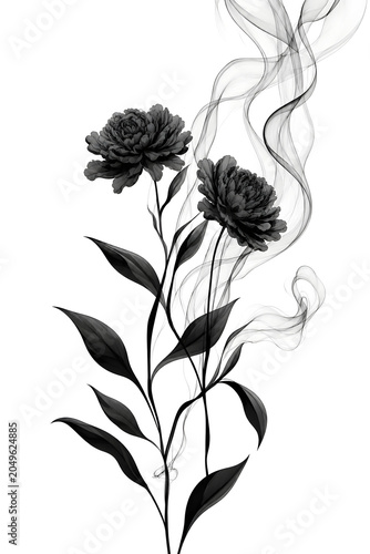 Minimalist Botanical Line Art Illustration with Delicate Flowers, Leaves and Flowing Smoke on Black Background