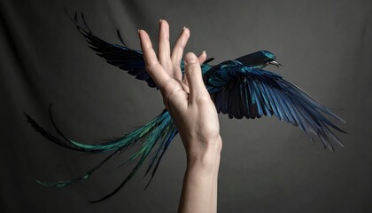 Elegant human hand with vibrant bird feathers replacing fingers in a surreal artistic creation