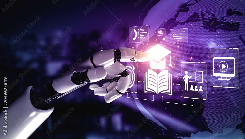Obraz premium Futuristic Robot Hand Interacting with Digital Educational Elements Over a Global Geometric Map in a Tech-Inspired Environment. Bitwise.
