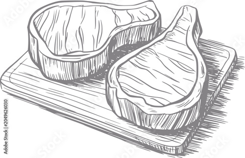 Schilderij op canvas Hand-drawn of two raw steaks on a wooden cutting board