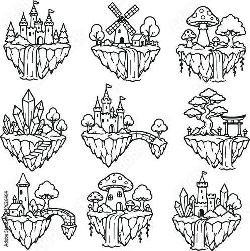 Φωτογραφία Fantasy Floating Islands Vector Pack with Castles Waterfalls Windmills Crystals