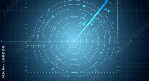 Futuristic Blue Digital Radar Screen Interface with Scanning Beam and Multiple Targets on a Grid Background