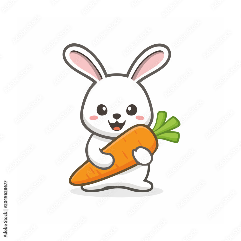 Obraz premium Cute cartoon rabbit holding a fresh carrot