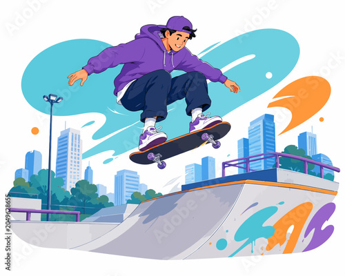 Skateboarder in mid-air over ramp