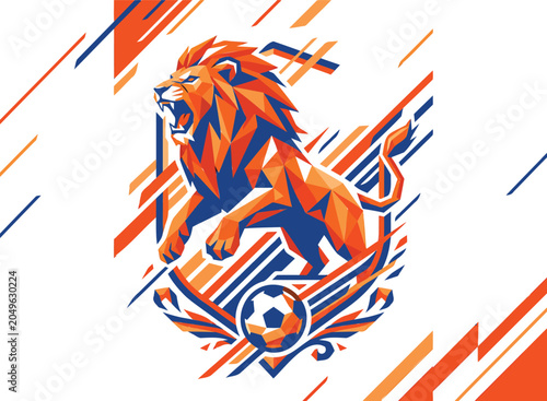 Geometric roaring lion mascot with soccer ball, netherlands team msea set