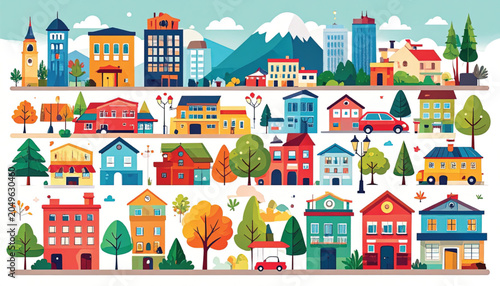 Colorful houses and buildings downtown.