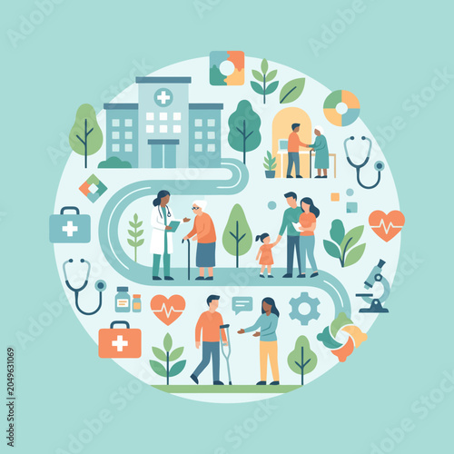A circular illustration showing diverse people and medical care services