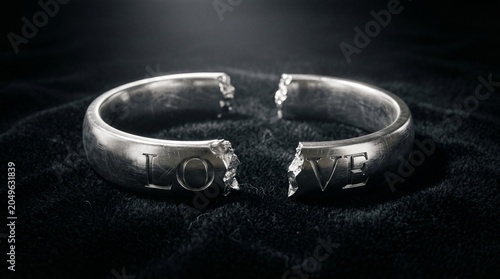 Broken silver ring with word love engraved on dark velvet background. Symbol of divorce, separation and relationship end. Concept of marriage breakdown, heartbreak and life crisis.