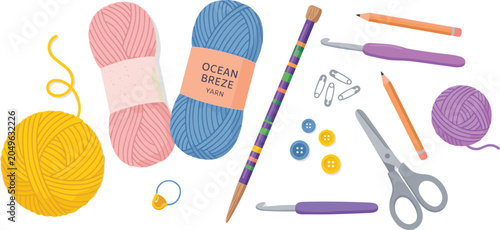 Tableau sur toile Knitting and crochet tools vector illustration set with colorful wool yarn skein