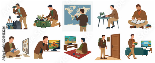 Photography Wildlife Enthusiast and Researcher Preparing for Nature Expedition Illustration