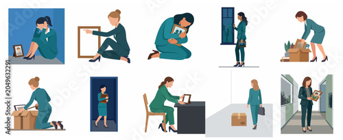 Illustration set of businesswomen experiencing grief, job loss, and sadness, mourning with photo frames and packing office belongings in professional attire.