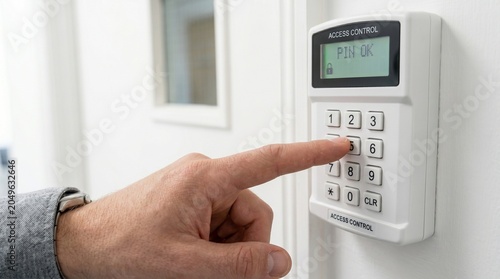 Man hand entering password code on wall security alarm keypad. Access control system for home or office protection. Electronic technology for building safety and unauthorized entry prevention.