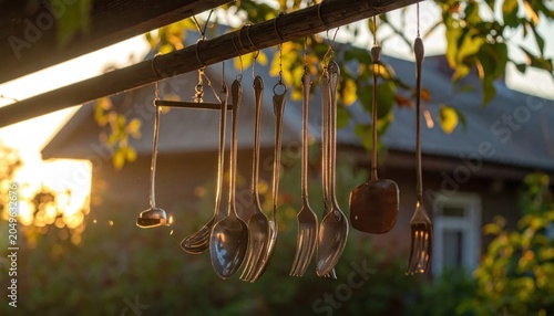 Antique silver spoons and forks transformed into a unique wind chime art piece, adding a melodic charm to outdoor spaces.
