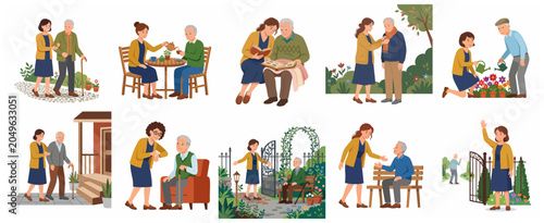 Elderly Care and Support Illustrations Set: Young Woman Assisting Senior Man in Daily Activities