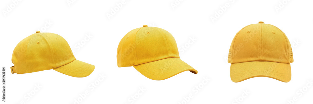 Fototapeta premium Yellow Baseball Cap PNG Mockup Set - Three Multi-Angle Blank Yellow Cotton Dad Hats from Front, Side, and Angled Views Isolated on Transparent Background for Apparel Brand Design and Merchandising Tem