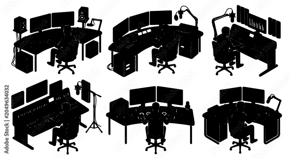 Obraz premium Modern Tech Workstation Silhouettes, Multiple Computer Setups, Ergonomic Office Desks, Digital Creative Spaces, Professional Studio Environments, Vector Graphics Collection