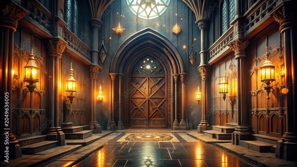 Obraz premium An eerie gothic hall with magical symbols illuminates the door