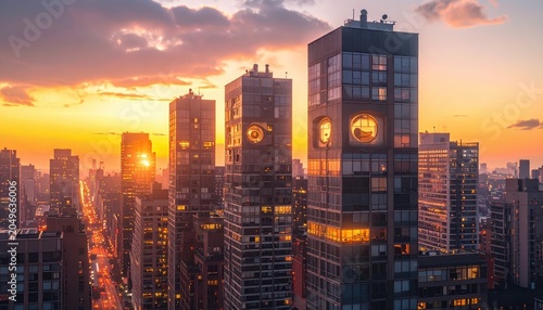 Captivating city buildings with illuminated windows arranged in a graphic pattern against a dramatic sunset sky