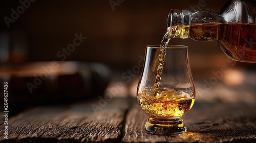 Amber spirit poured from a glass bottle into a tasting glass on wood