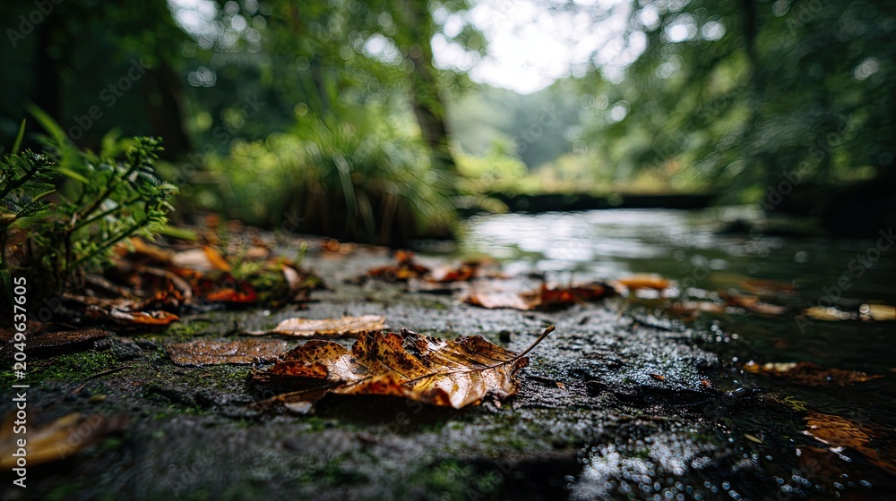 Fototapeta premium Fallen leaves rest on damp stones beside a shallow, slow-moving forest stream