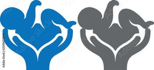 Baby care concept vector illustration with blue infant icon being cradled by hands representing protection safety and nurturing for parenting or nursery themes.