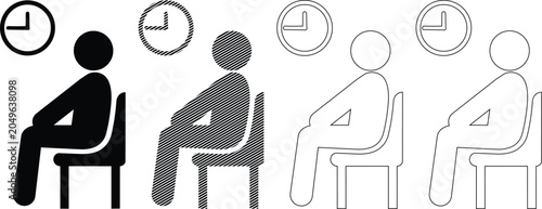 Waiting room icon vector illustration set of people sitting in chairs with clocks representing waiting time in medical or business setting.