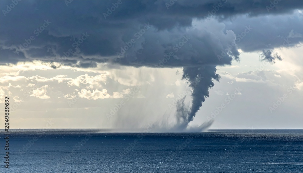 Fototapeta premium A dramatic waterspout funnel touches down on the ocean surface under a dark stormy sky creating a powerful display of natural atmospheric force.