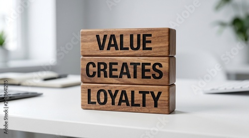 Wooden blocks with value creates loyalty message on minimalist office desk background