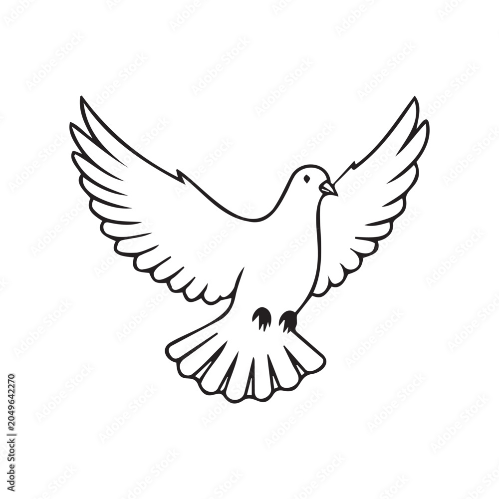 Fototapeta premium Elegant white dove outline vector illustration isolated on white background. Symbol of peace, freedom, hope, spirituality, harmony and love. Perfect for logos, icons, emblems and designs.